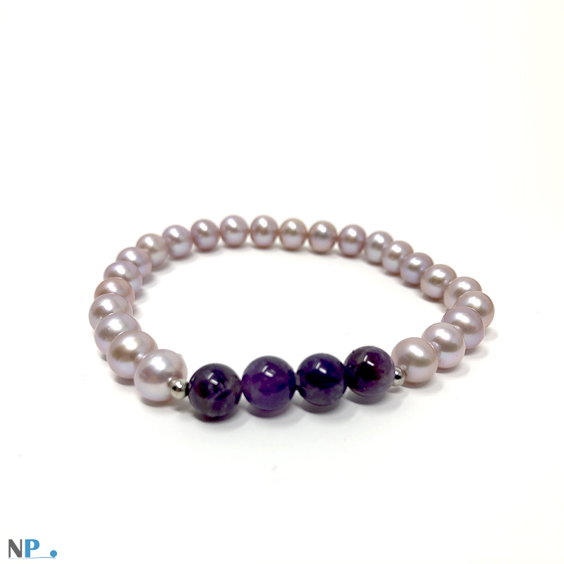 Bracelet de perles d'eau douce Lavance avec 4 Perles Amethystes et bille d'Or